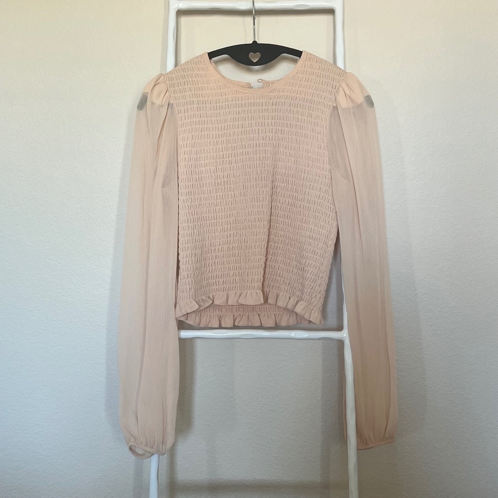 Wayf Dusty Pink Long Sleeve Smocked Blouse Size S